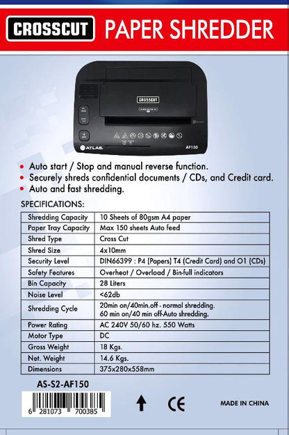 Atlas  Cross Cur Auto feed shredder  data sheet 150sheet AS-S2-AF150