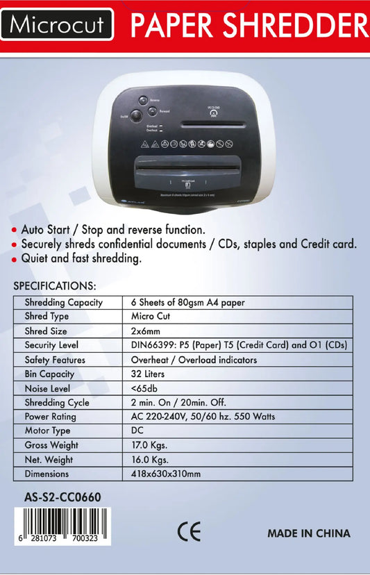 Micro cross cut shredder 2x6mm 6sheets data sheet