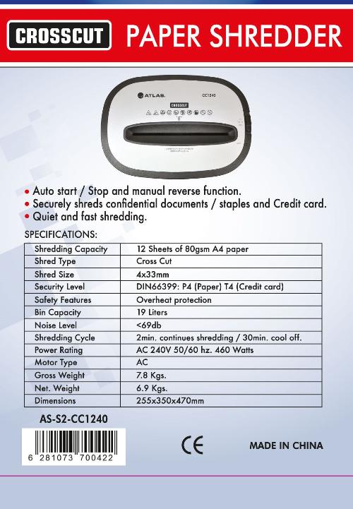 atlas Cross cut Destructeur shredder 4x33mm 12sheet data sheet